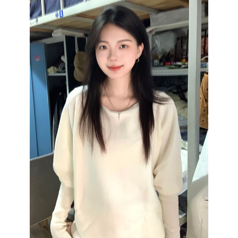 

Французская лень Рукав летучая мышь Асимметричный трикотаж Женский Осень Зима Белый Нежный Свободный Белый Свитер Топ White L