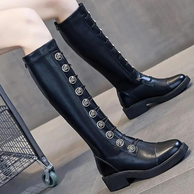 Middle Heel Shoes for Woman Elastic Round Toe Women's Boots Footwear Long New Rock Winter Knee High Shaft Quality Novelty