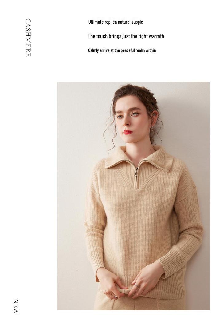 Women's Casual Ribbed Cashmere Sweater, Loose Fit, Half Zip, Solid Color, Autumn/Winter