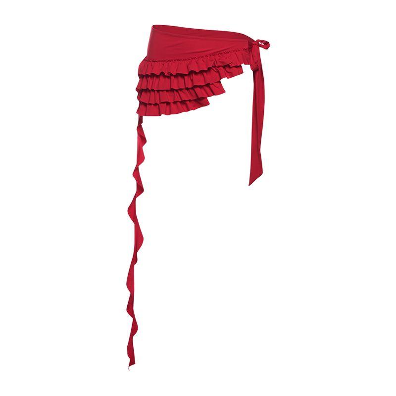

# Sisjuly# Hot Dance Bi Preparation Bevel Layered Cake Lace Ribbon Skirt Women s Lace Design Waist Seal Fashion Red A