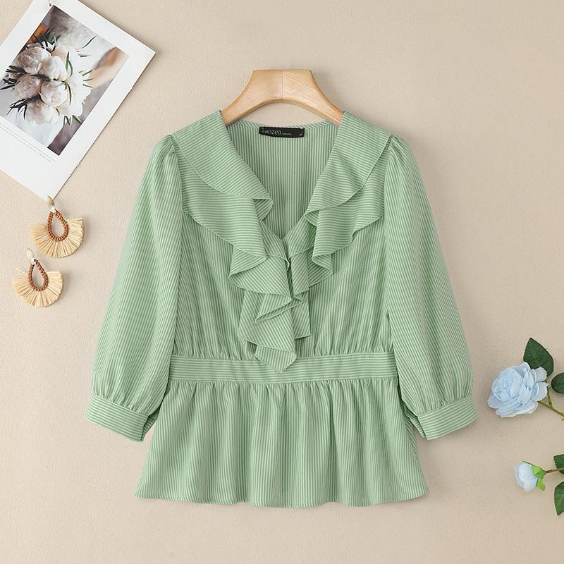 

ZANZEA Женская летняя блузка с оборками, V-образным вырезом, рукавами 3/4 и полосатым принтом L зелёный