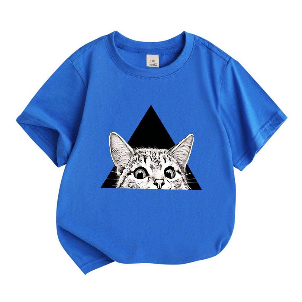 Kids Boys Girls 100% Cotton Crew Neck Short Sleeve T-Shirt, Cute Surprise Peeking Cat Geometric Black Triangle Pattern Casual Breathable Summer Tee fo