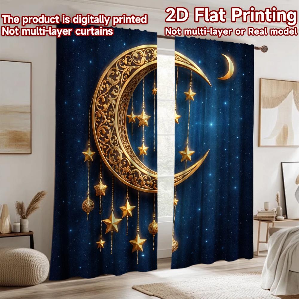 2D Flat Printing 2pcs Curtain Window Drapes Eid Golden Moon and Stars Digital Printed Polyester Drapes Festive Wall Decor