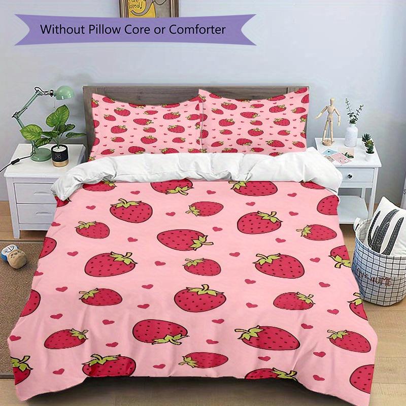 3pcs Strawberry Hearts print bedding quilt cover, soft and comfortable quilt cover suitable for bedroom and guest room200