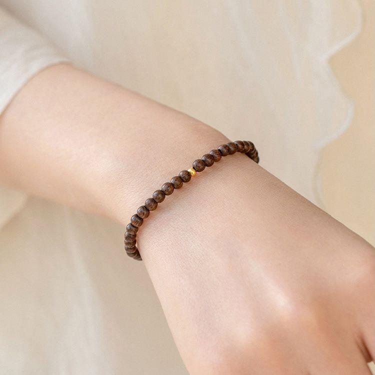 Handmade 6mm Golden Silk Sandalwood Bracelet, Plain/Gold Bead/Cinnabar/Turquoise/Amber Styles, Trendy Chinese Ethnic Unisex Jewelry, Travel Souvenir