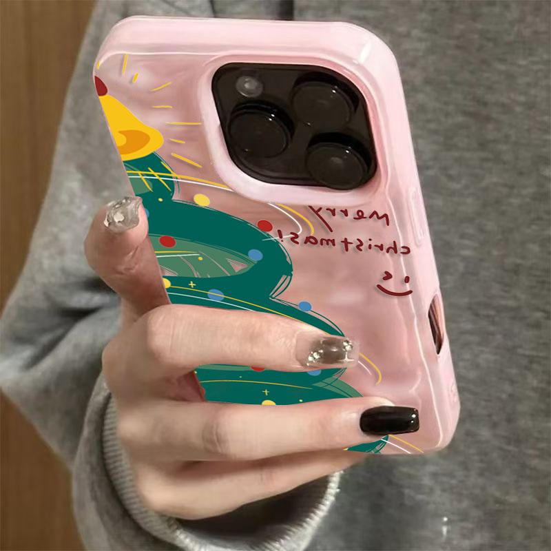 Case For iPhone 16 15 14 13 12 11 17 Pro Max Plus Cartoon Christmas Tree Folds Texture Soft Phone Cover For iPhone 17 Air Funda
