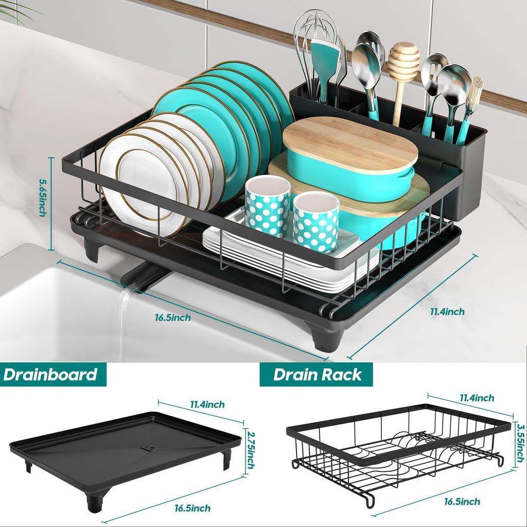 MERRYBOX Dish Automatic Kitchen Washing Dish Drying Drainer with Wide Large 3 Compartment Cookware Holder Drainer, Rust-Proof, Drain, Drainer, Black,