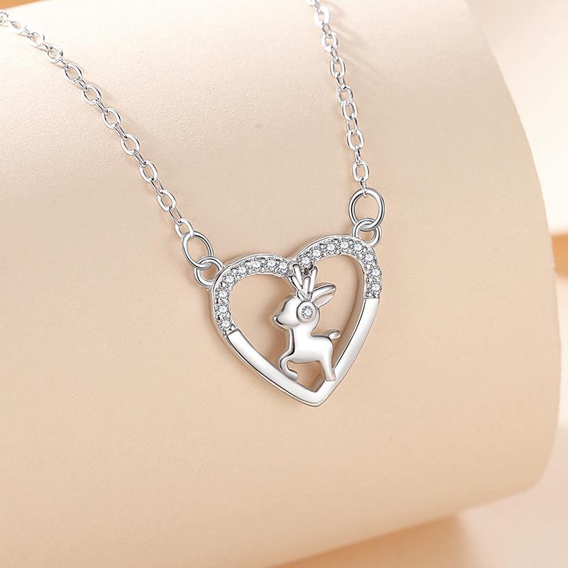 

Heart Deer Pendant Necklace: Pure Silver S925 with Diamonds, Japanese-Korean Style, Ideal Women s Christmas Gift