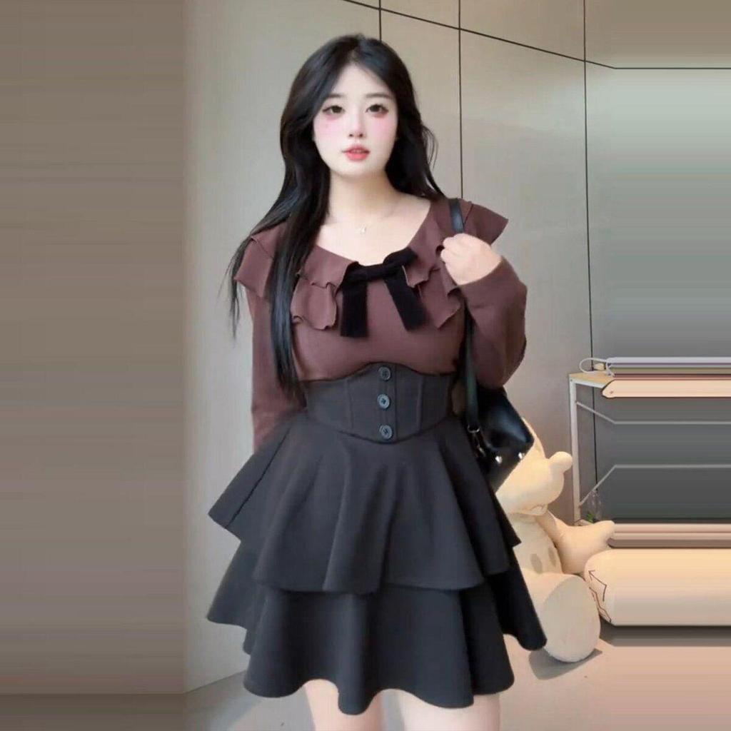 Set Top a Manica Lunga e Gonna a Vita Corsetto per Ragazza Americana Piccante Taglie Forti