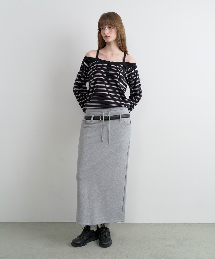 Lora Lora Belt Set Back Slit Sweat Skirt Gray