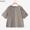 ZANZEA Women Casual Plaid Print Loose Half Sleeve Blouse