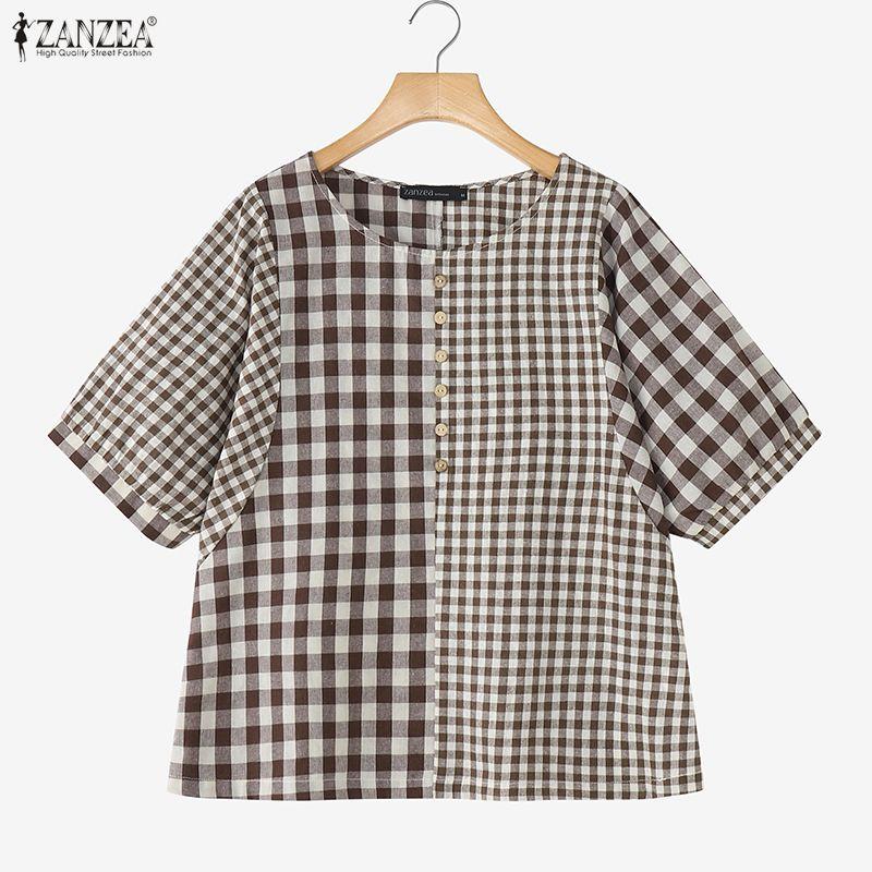 ZANZEA Women Casual Plaid Print Loose Half Sleeve Blouse