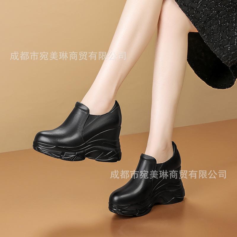 Slope heel women's single shoes 2025 new small super high heel thick sole waterproof table muffin casual shoes leather round head leather shoes