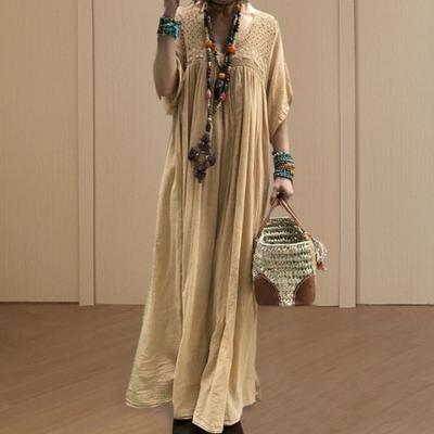 Ženy Letní Maxi šaty Výstřih do V Roh Rukávy Krajka Háčkování Patchwork Volné Jednobarevné Rovné skládané Vintage Měkké Prodyšné Ležérní Denní šaty