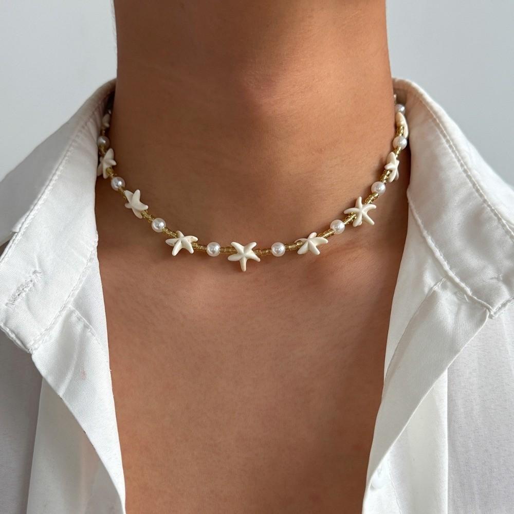 Adjustable Imitation Pearl Choker White Goth Clavicle Chain Vintage Boho Starfish Necklace Jewelry