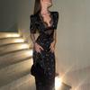 Robe Sexy en Dentelle Creuse Mode Femme Manches Courtes Élégante Taille Haute Mince Robe Imprimée Vêtements de Fête d'Été Club Femme