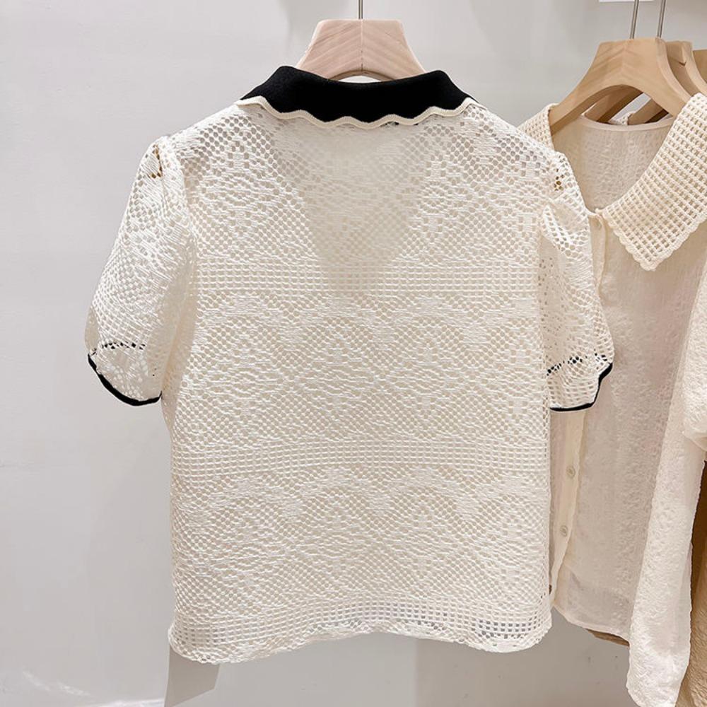 Camicetta in Pizzo Traforato Retro Chic Francese per l'Estate da Donna Nuova alla Moda e Stilosa