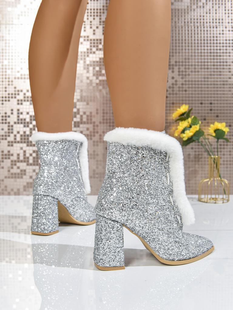 Basic Glitter Women's Spring and Autumn New Temperament Fashionable and Casual Outer Wear Front Lace-up Hairy Middle Boots Women