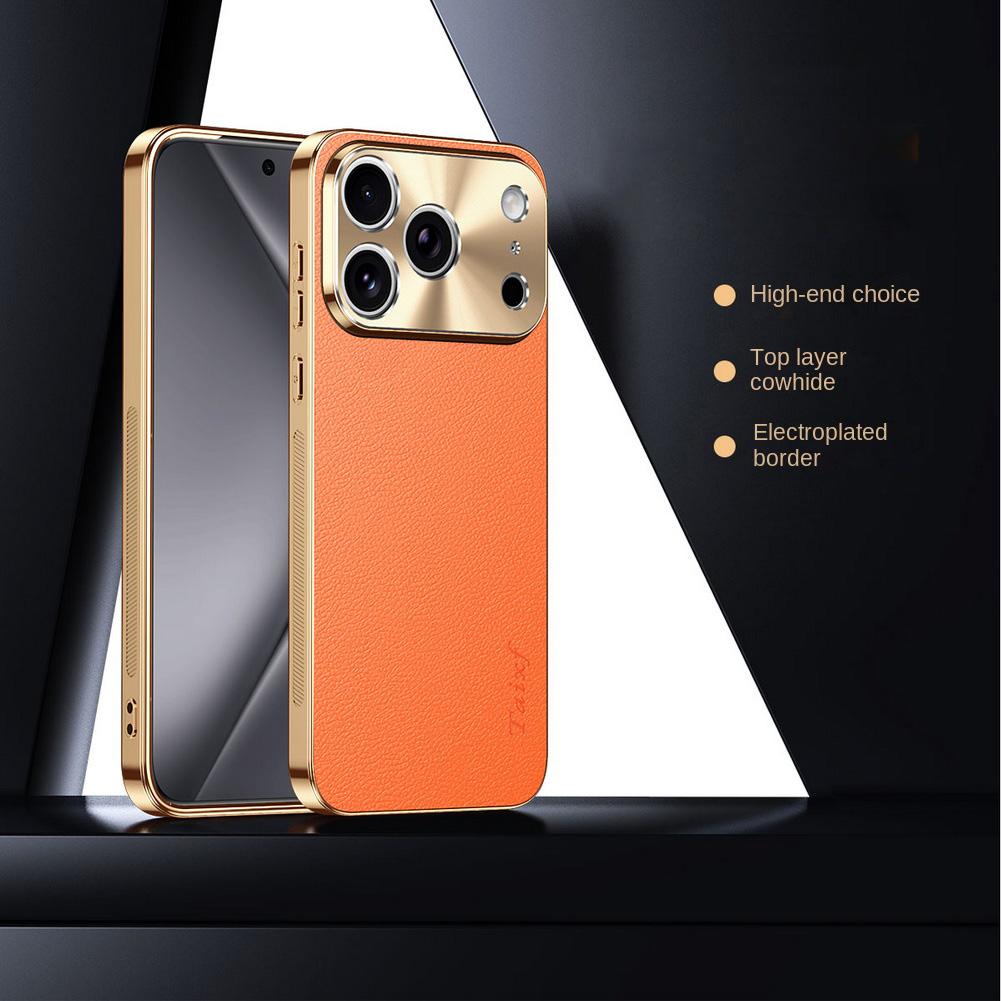 First Layer of Cowhide Lychee Texture Electroplated Frame Case For iPhone 17 Pro Max Air 16e 16 15 Pro 14 13 Lens Protect Cover