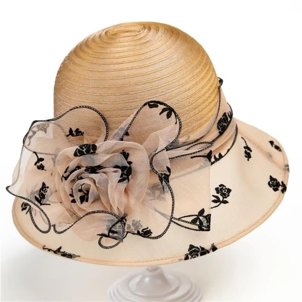 

Elegant Sunscreen Hats Organza Beach Sun Cap Fashion Flower Bow Lady Hat for Women Church Wedding хакі