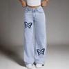 2026 Damen High-Waist Gerade Bein Jeans Mit Schmetterlingsdruck Streetwear Stil Mittelschwere Baumwollmischung