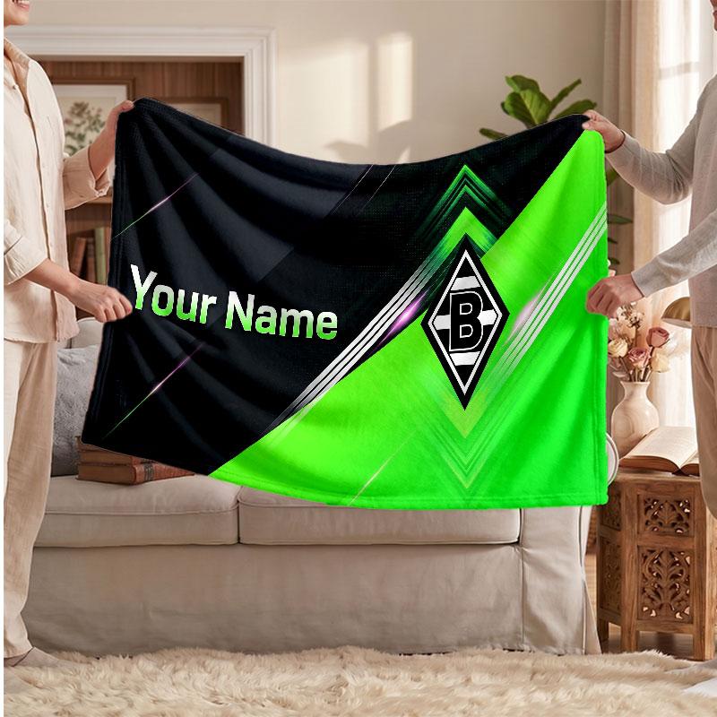 Borussia Mönchengladbach Personalized Fleece Blanket With Football Logo, Custom Name Text Soft Warm Home Throw Blanket