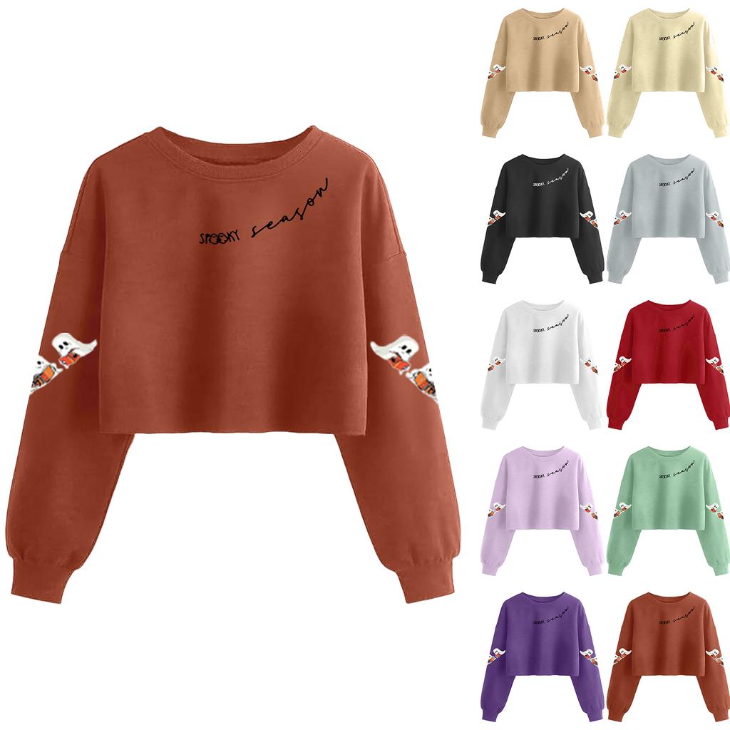 Women's Fashion Halloween Printed Navel-Exposed Long Sleeve Pullover Sweatshirt