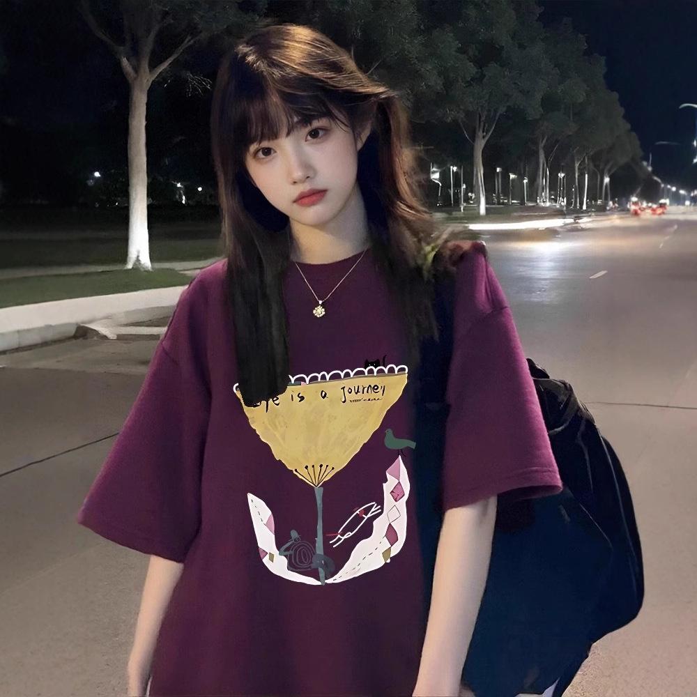 

Lazy wind wears grape purple cotton short-sleeved t-shirt ins women s summer European goods large version loose and versatile half-sleeved top M