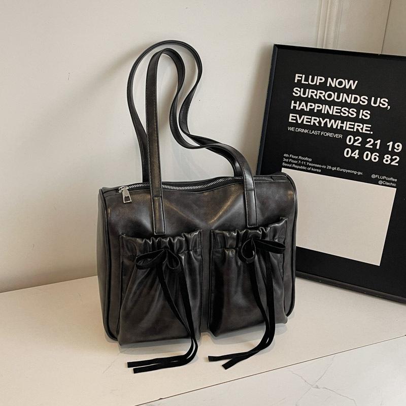 Commuter Vintage Underarm Bag Women's Bow Double Pocket Tote Bag Large Capacity Shoulder Bag