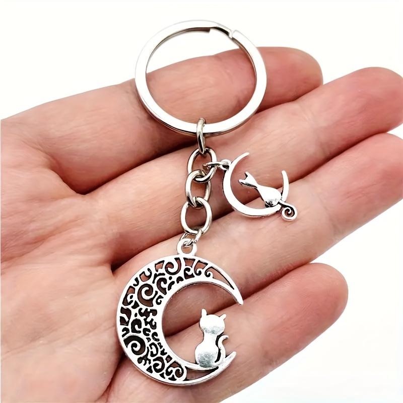 Glamour Antique Silvery Moon Cat Pendant Keychain Fashion Women's Pendant Men's Pendant Moon Cat Keyring Car Keychain Ring Souvenir Gifts