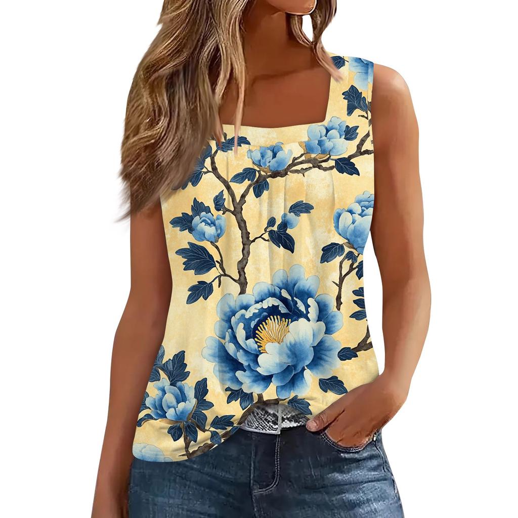 Women's Pleated Square Collar Sleeveless Vest Print T-shirt