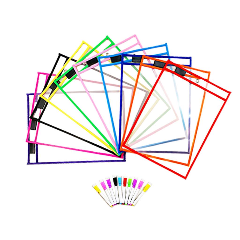 10 Pieces Worksheet Pocket Waterproof Plastic Pockets with Marker, Pen Slot,
