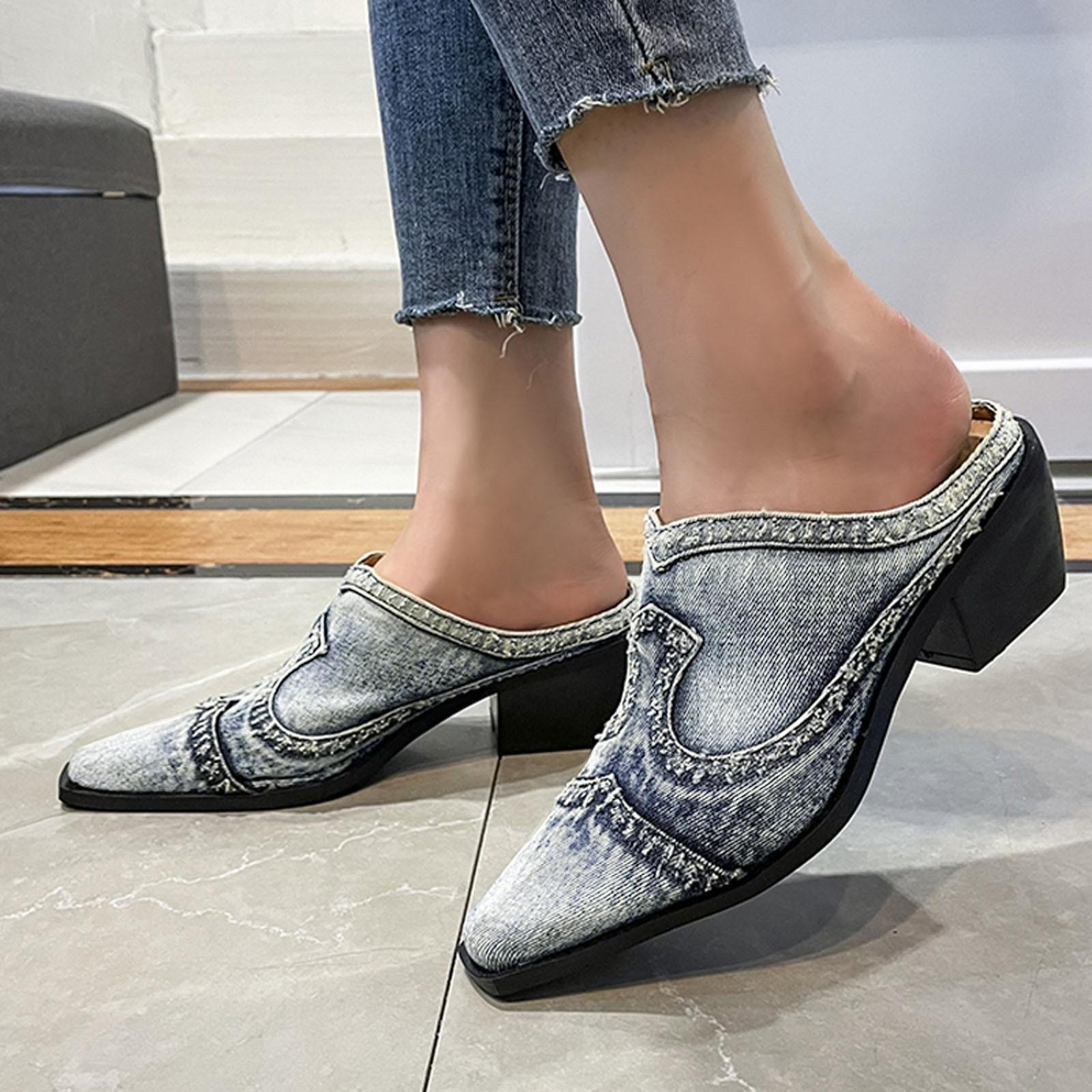 Indoor Outdoor Slippers Women Fashion Breathable Slip On Women Denim Heels Beach Casual Slippers Summer Women S Pantuflas Mujer 37 синий