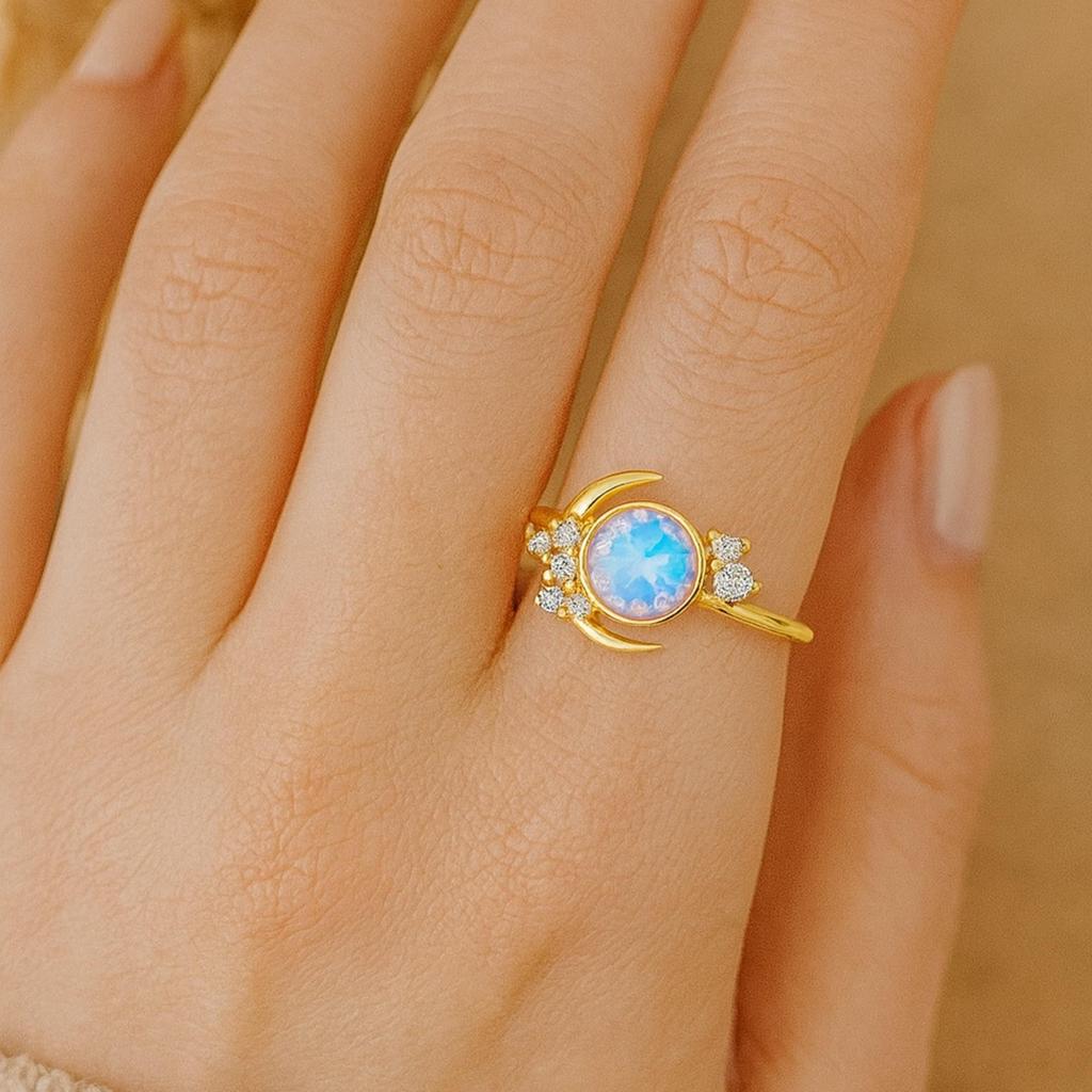Moonstone Ring with Cubic Zirconia Side Stones – Gold Plated 925 Sterling Silver Crescent Moon Celestial Ring - Art Deco Bridal Jewelry Gift for Her