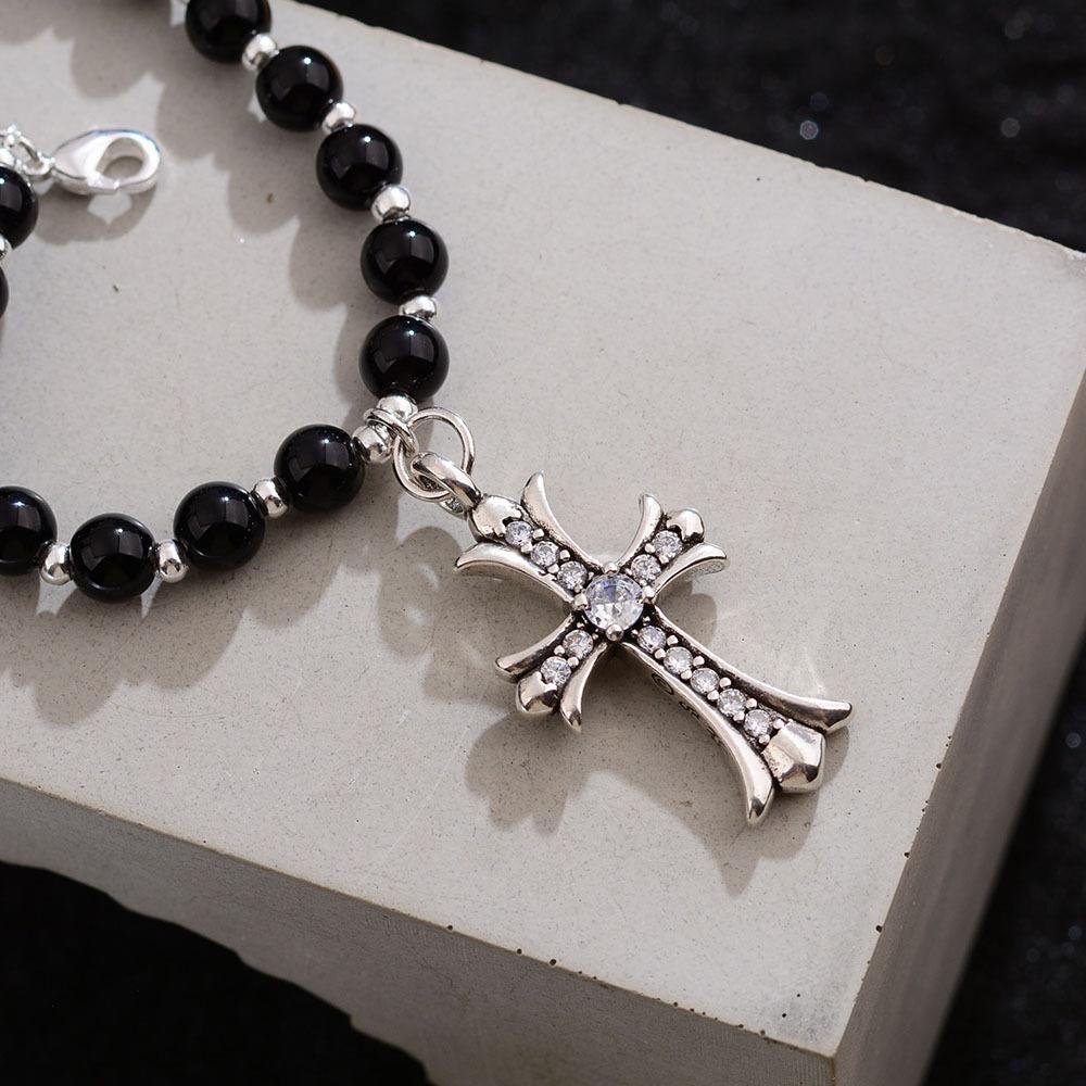 Niche Trendy Brand Black Beaded Zircon Cross Pendant Necklace Female Retro Hip Hop Punk Style Sweater Chain Accessories