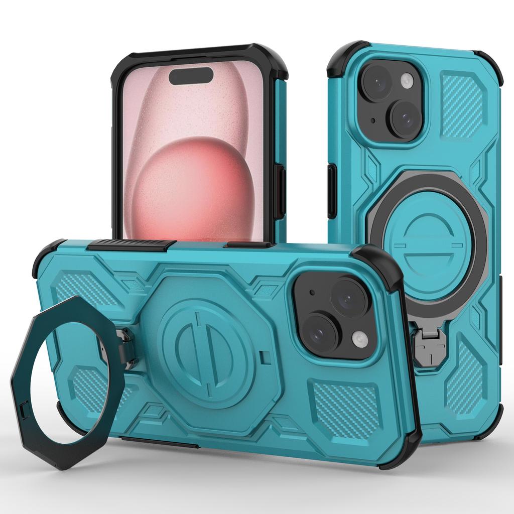 For iPhone 15 Magnetic Case Rotating Metal Kickstand Shockproof PC+TPU Phone Back Cover