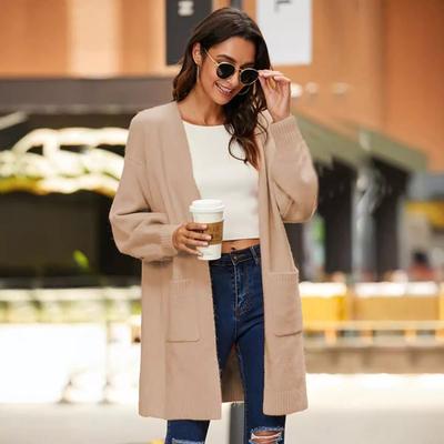 Herbst und Winter Neuer Stil Damen Strickjacke Strickjacke mit Taschen Lange Ärmel Locker