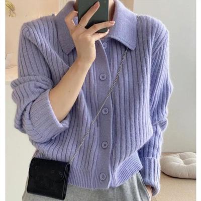 Autumn Women's Sweater Simple POLO Neck Knitted Cardigan Short Solid Color Top