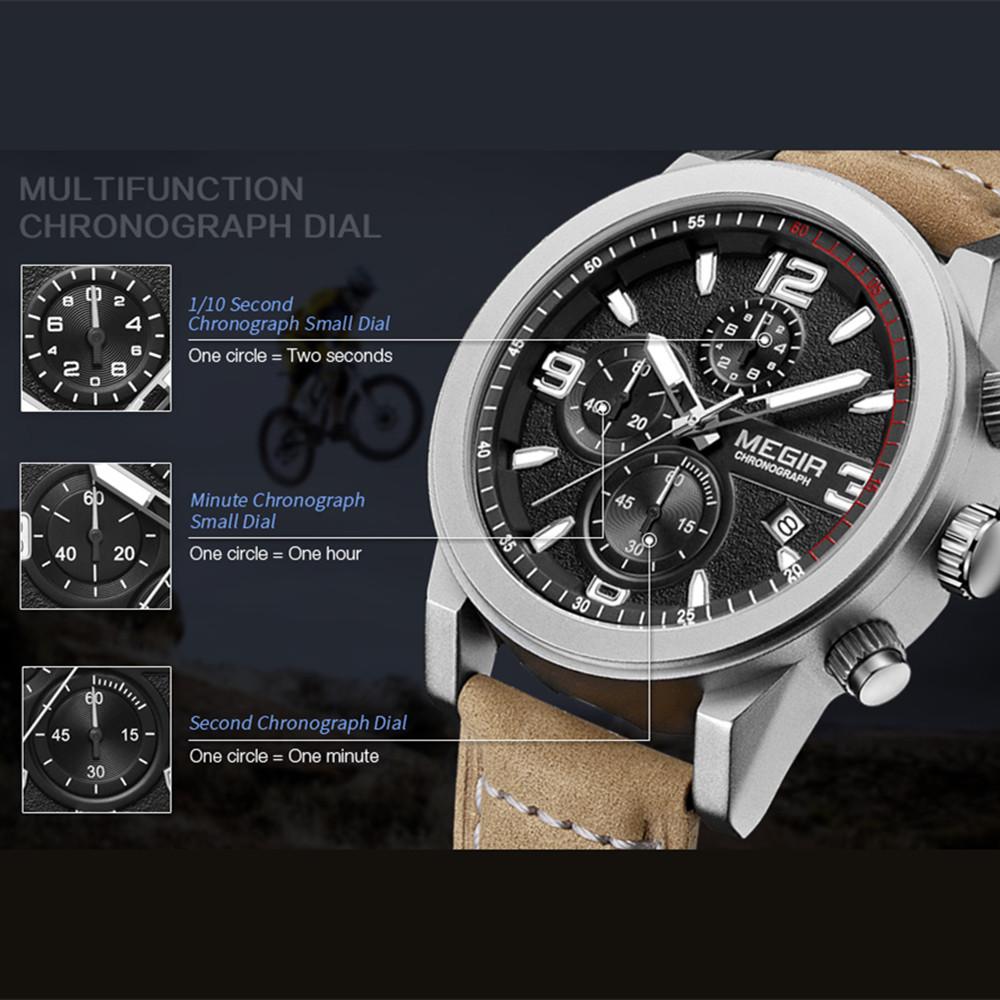 MEGIR Luxury Chronograph Men's Sport Watches Leather Strap Quartz Wristwatch Luminous Casual Male Clock Relogio Masculino