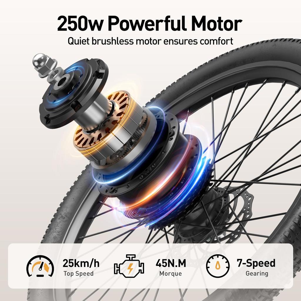 Aairsk 24" E-Bike für Erwachsene, 250W Motor 36V 13Ah 7-Gang 25km/h Tiefeinstieg Elektrofahrrad NFC