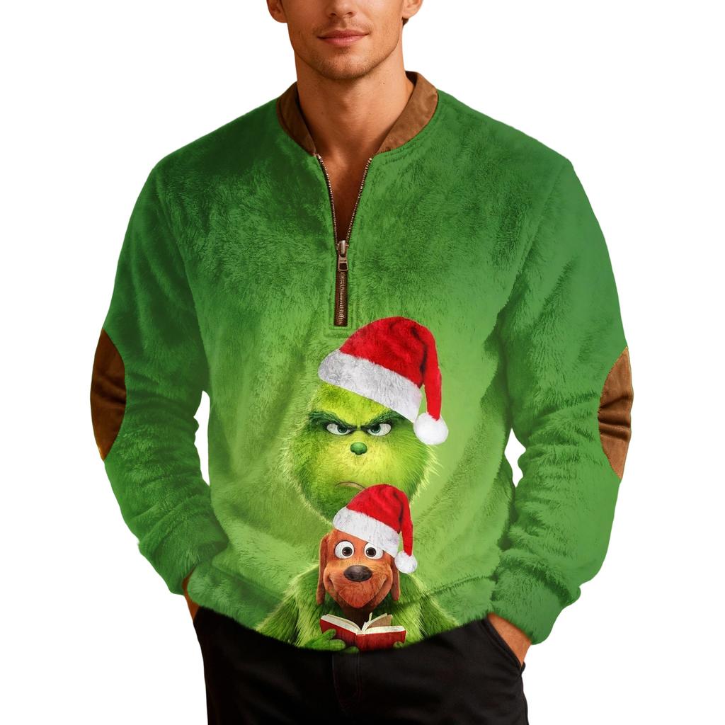Mens Christmas Zip Up Sweatshirts Xmas Stand Collar Pullover Tops