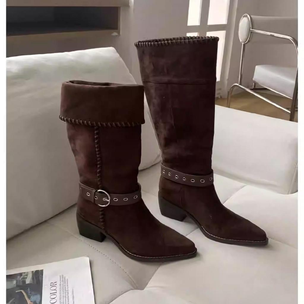 Autumn and winter new pointed braided belt buckle thick heel flanged boots suede thin