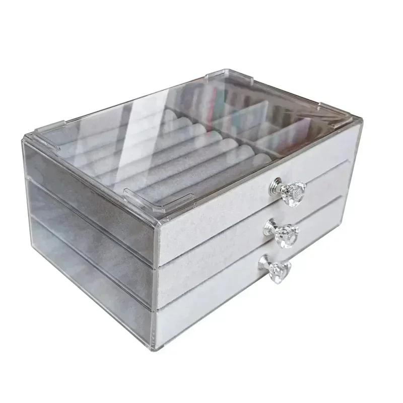 Three-drawer large capacity velvet earrings bracelet ring jewelry organizer dust oxidation jewelry box desktop models