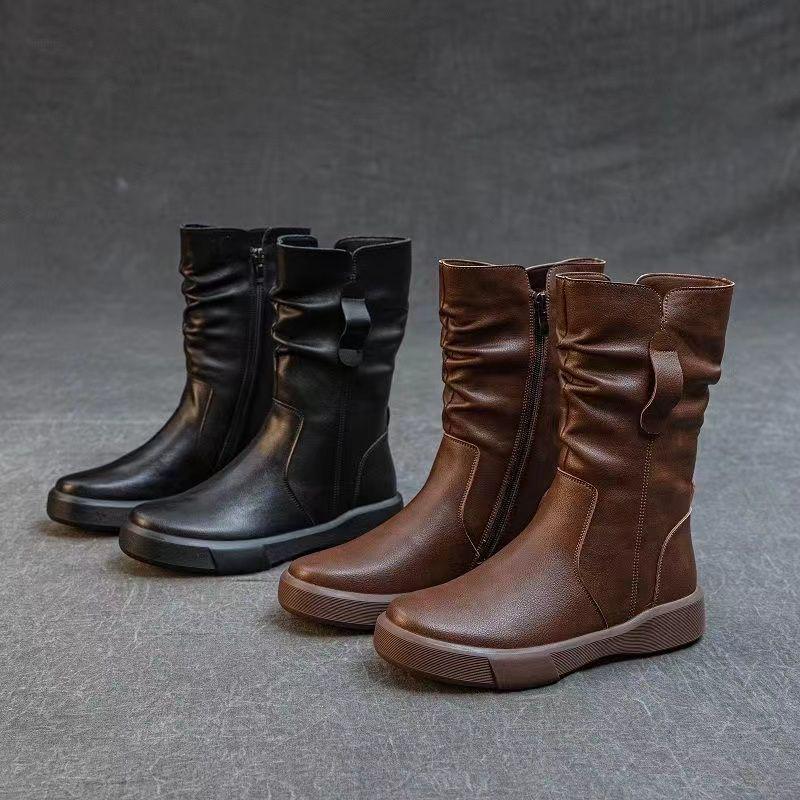 Cizme Martin de Damă Mărime Plus din Piele Naturală Până la Mijlocul Gambei - Căptușite cu Lână, cu Talpă Groasă, Călduroase, Colecția Toamnă/Iarnă.