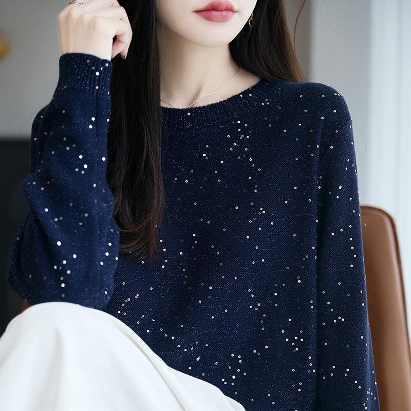 Women's 2025 Fine Knit Wool Sweater with Sequins - Long Sleeve, Loose Slimming Fit