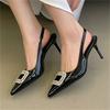 Pesstwei Glitter Design Square Button Diamonds Pumps Woman Sandals Elegant Sexy Thin Heels Pointed Toe Prom Slingbacks Shoes