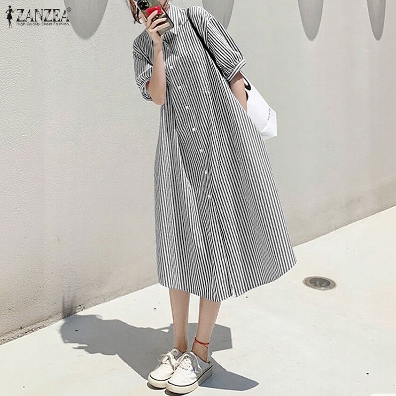 ZANZEA Women Casual Turn Down Collar Summer Short Sleeve Stripe Shirt Dress