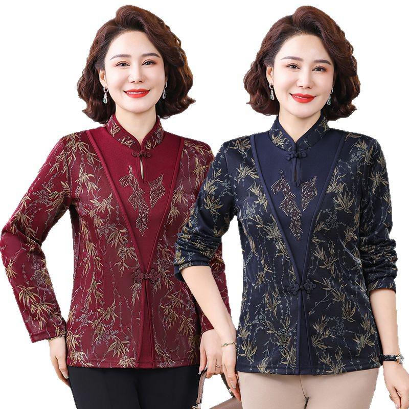 Spring Outfit: New Chinese Style Long Sleeve T-Shirt for Middle-Aged and Elderly Women, Plus Size Available