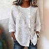 2026 New Style Loose Embroidered Shirt for Women, Tie-Waist, Three-Quarter Sleeve, Cotton-Linen Top, Spring Casual Women's Clothing