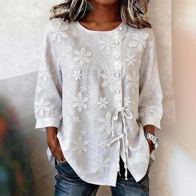 2026 New Style Loose Embroidered Shirt for Women, Tie-Waist, Three-Quarter Sleeve, Cotton-Linen Top, Spring Casual Women's Clothing